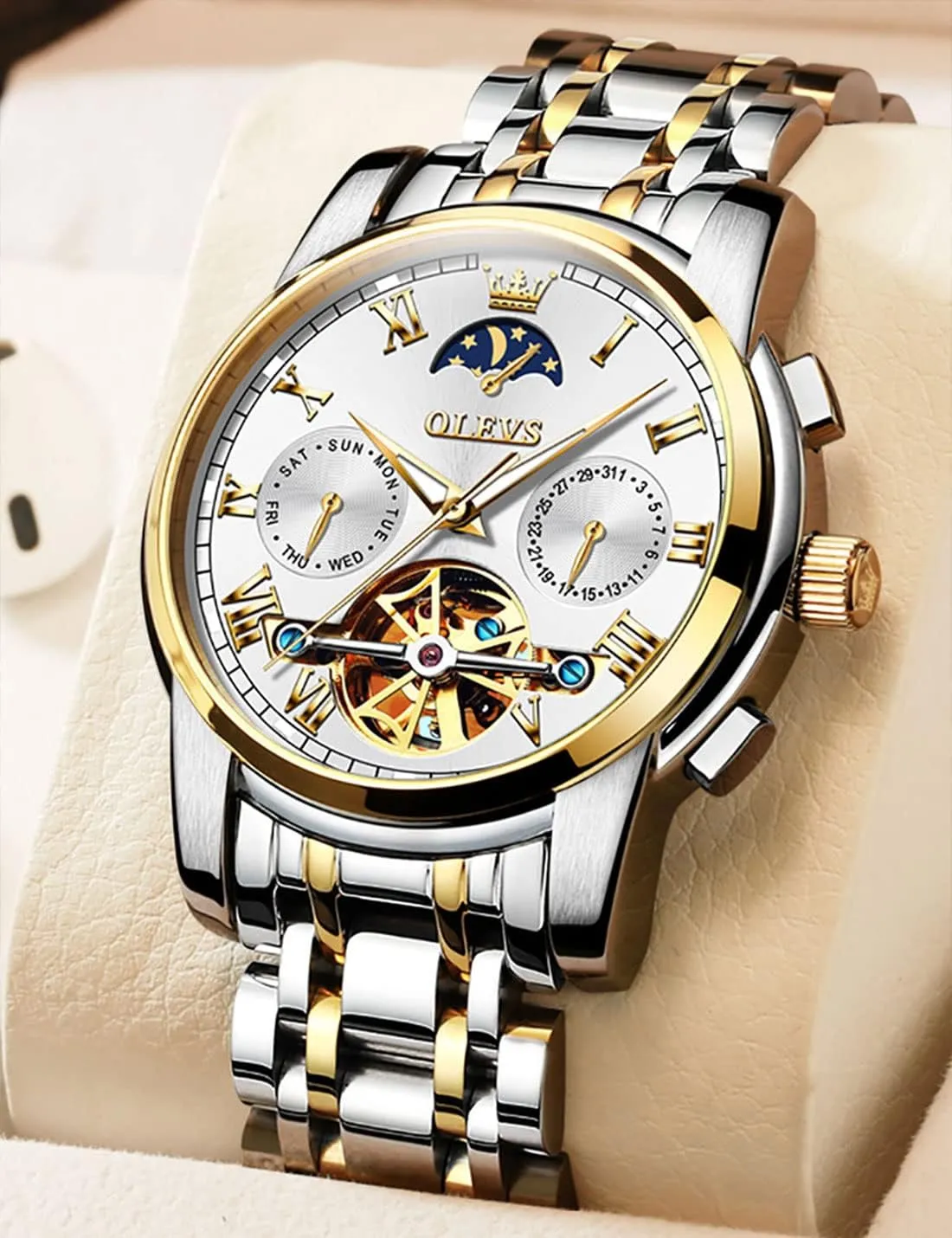 Battery Waterproof for Man OLEVS Automatic Self-Winding Men's nonfiction fascinate Watch With Date Day Calendar Display - Stainless Steel Skeleton Movement Tourbillon - No 