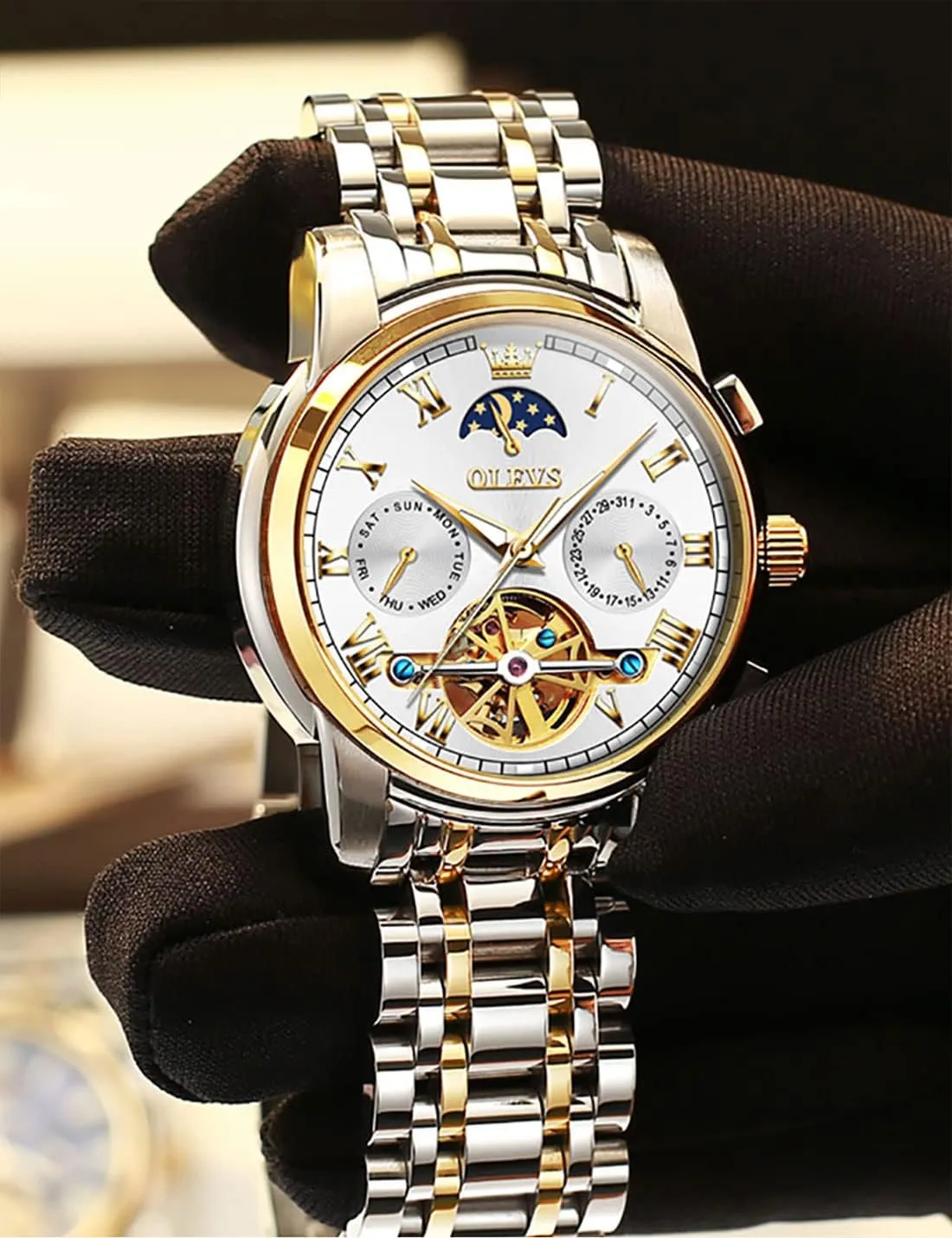 Battery Waterproof for Man OLEVS Automatic Self-Winding Men's nonfiction fascinate Watch With Date Day Calendar Display - Stainless Steel Skeleton Movement Tourbillon - No 