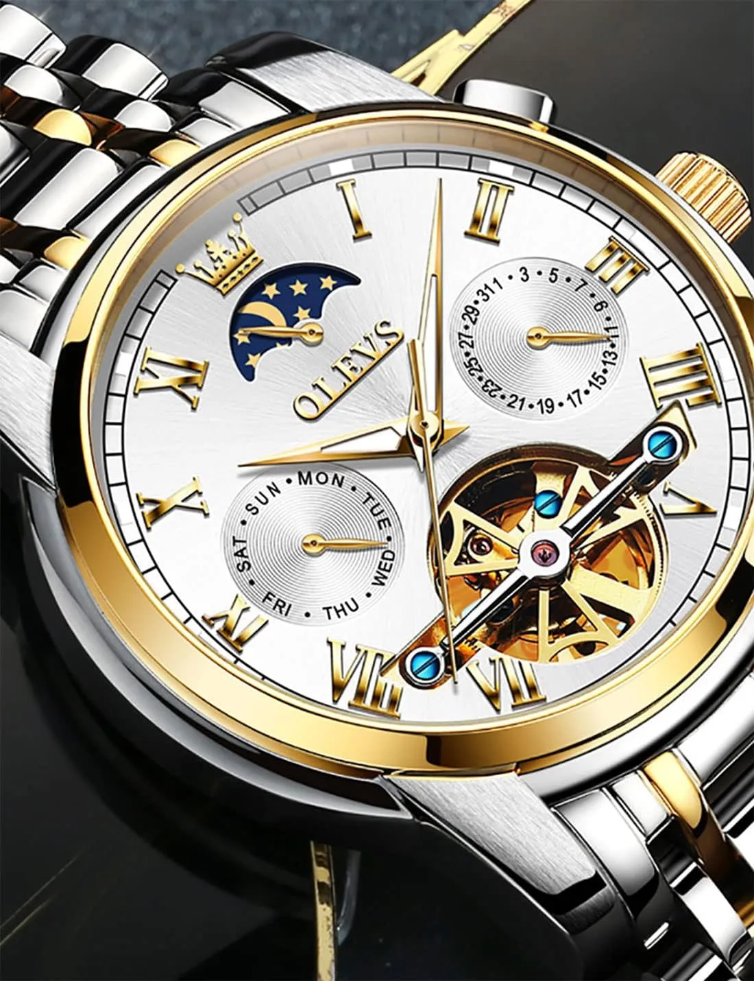 Battery Waterproof for Man OLEVS Automatic Self-Winding Men's nonfiction fascinate Watch With Date Day Calendar Display - Stainless Steel Skeleton Movement Tourbillon - No 