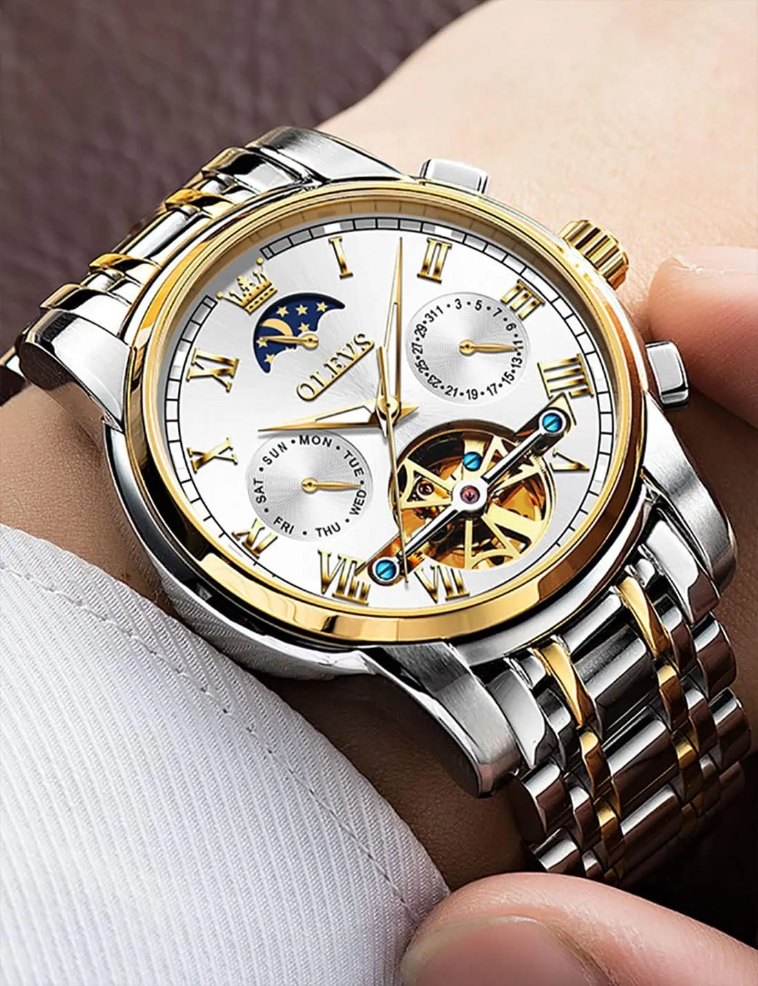 Battery Waterproof for Man OLEVS Automatic Self-Winding Men's nonfiction fascinate Watch With Date Day Calendar Display - Stainless Steel Skeleton Movement Tourbillon - No 