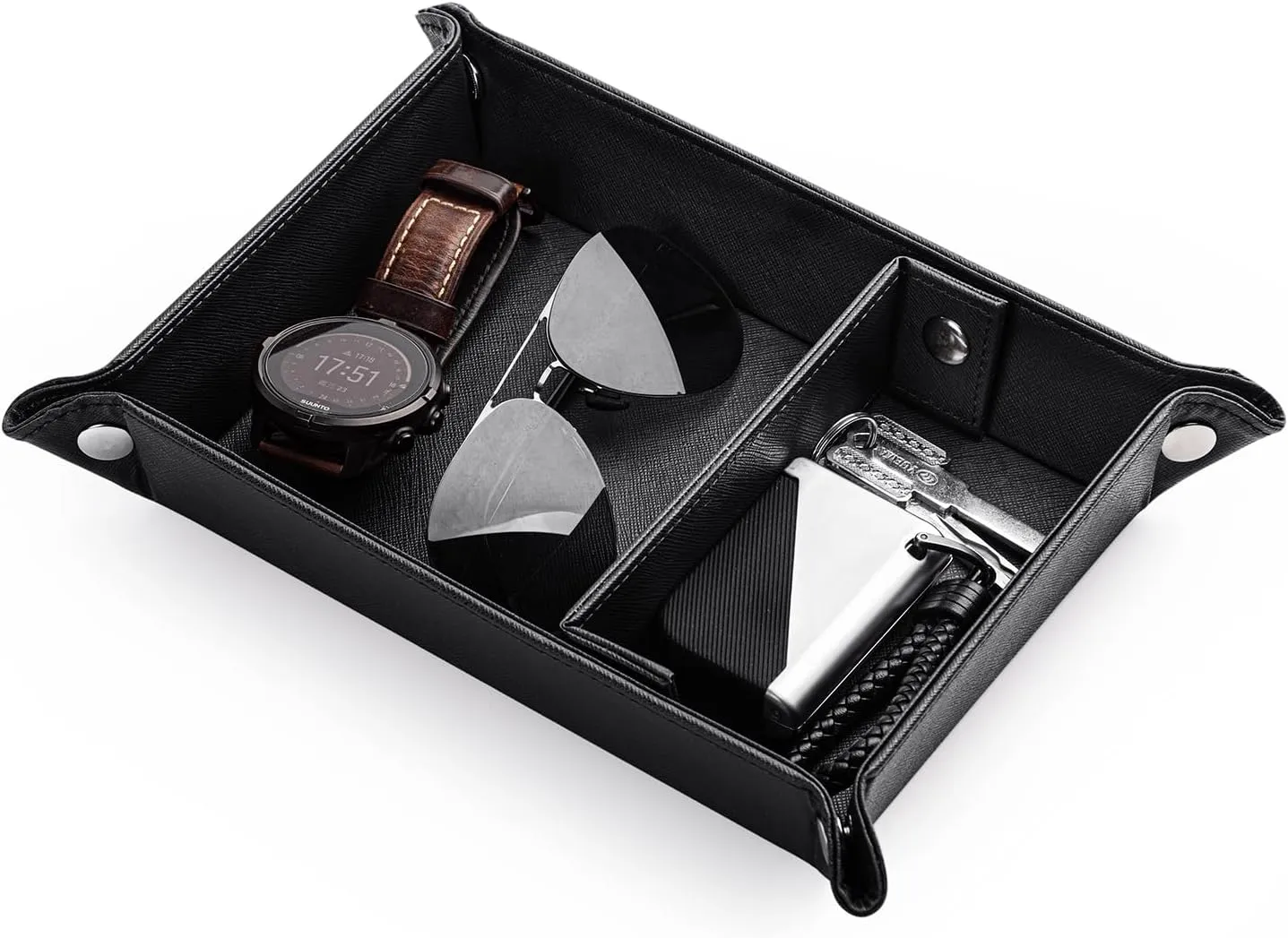 Bedroom (Black) BONNY DODO Valet Tray for Men PU Leather internal courage forestall port function Tray Organizer with Partition, Storage Keys, Watch & Practical Storage for Table Nightstand Living Room 