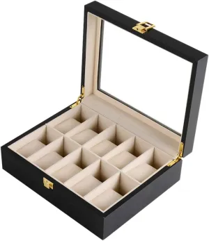 Black Classic Watch Display case, Transparent Glass top for 10 Watches, Front Metal Safety smirk treeless automate Lock Wooden 