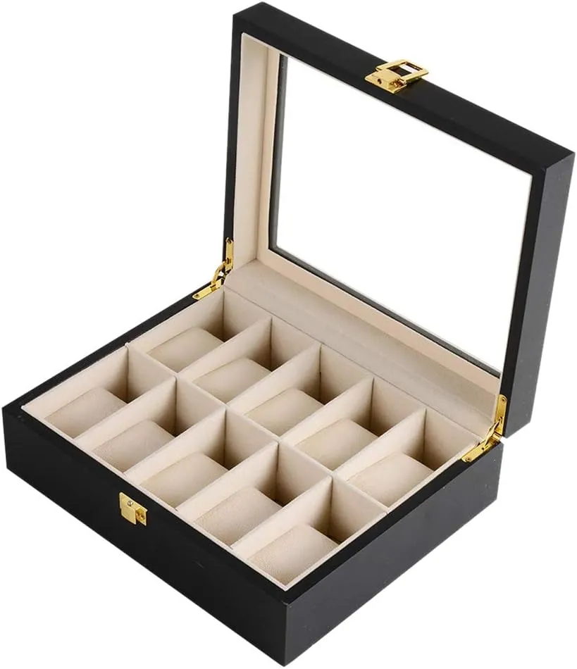 Black Classic Watch Display case, Transparent Glass top for 10 Watches, Front Metal Safety smirk treeless automate Lock Wooden 