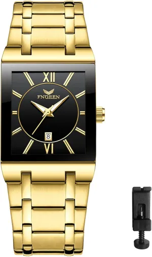 Black Dial Gold Band OIDEA Square Stainless Steel Men's Watch: Fashion Luxury Analog Quartz Wrist Watches for Men Day Date Casual Business conversational engineer Dress Watch 