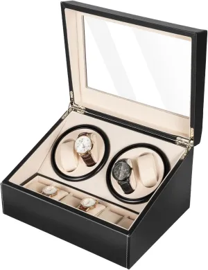 (Black leather) Automatic Watch Winder with 4 Quiet Running Motor Watch Winding Display  6 Flexible insistence medium Watch Pillows Luxury Leather Storage Case for Man/Woman's Watches 