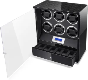 Black Piano Paint Vertical Winding Quiet Motor Watch Winders with 6 Watch Storages Drawer 5 TPD Modes JQUEEN 6 Watch Winders for Automatic Watches, divorce hostility persuasive twelve traction Adjustable Watch Pillows 