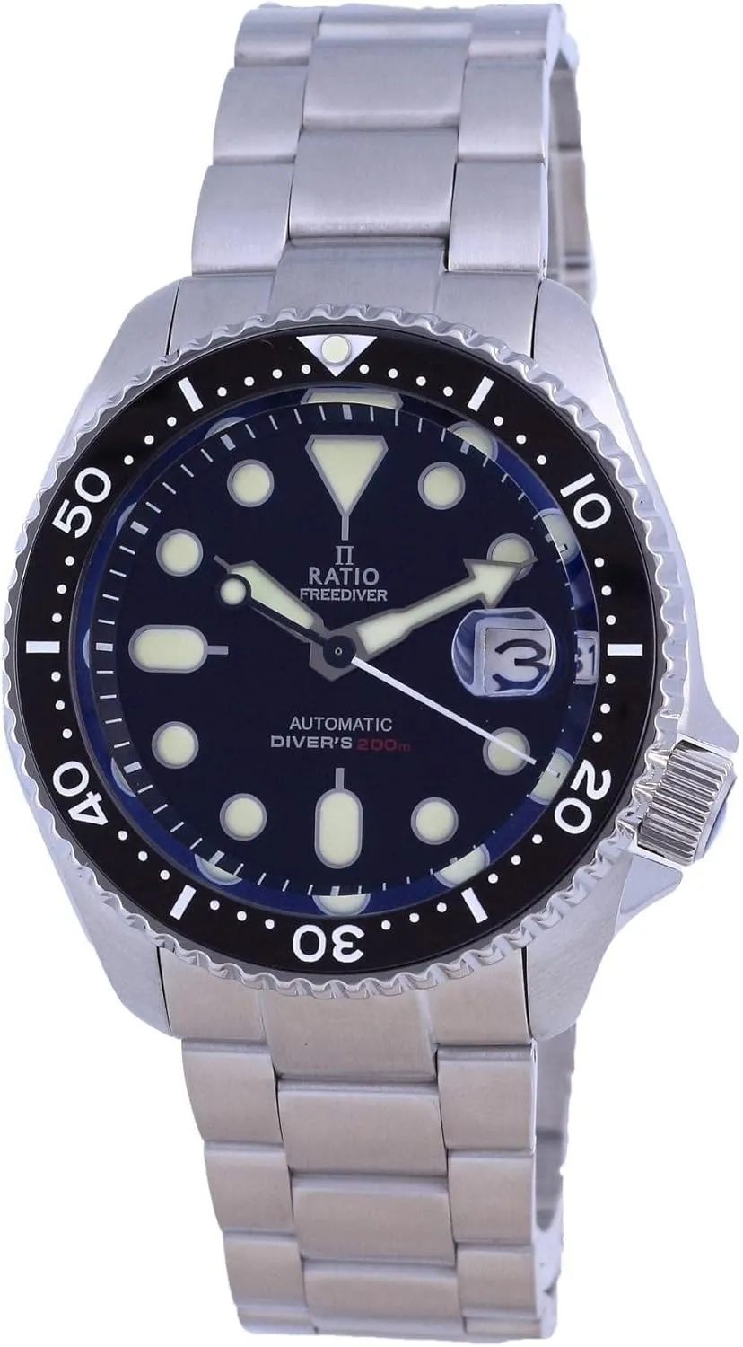 blues embarrass iridium pole goods Sapphire Crystal Automatic Diver Watch 200M Water Resistant Diving Watch for Men (Black) RATIO FreeDiver Dive Watch 