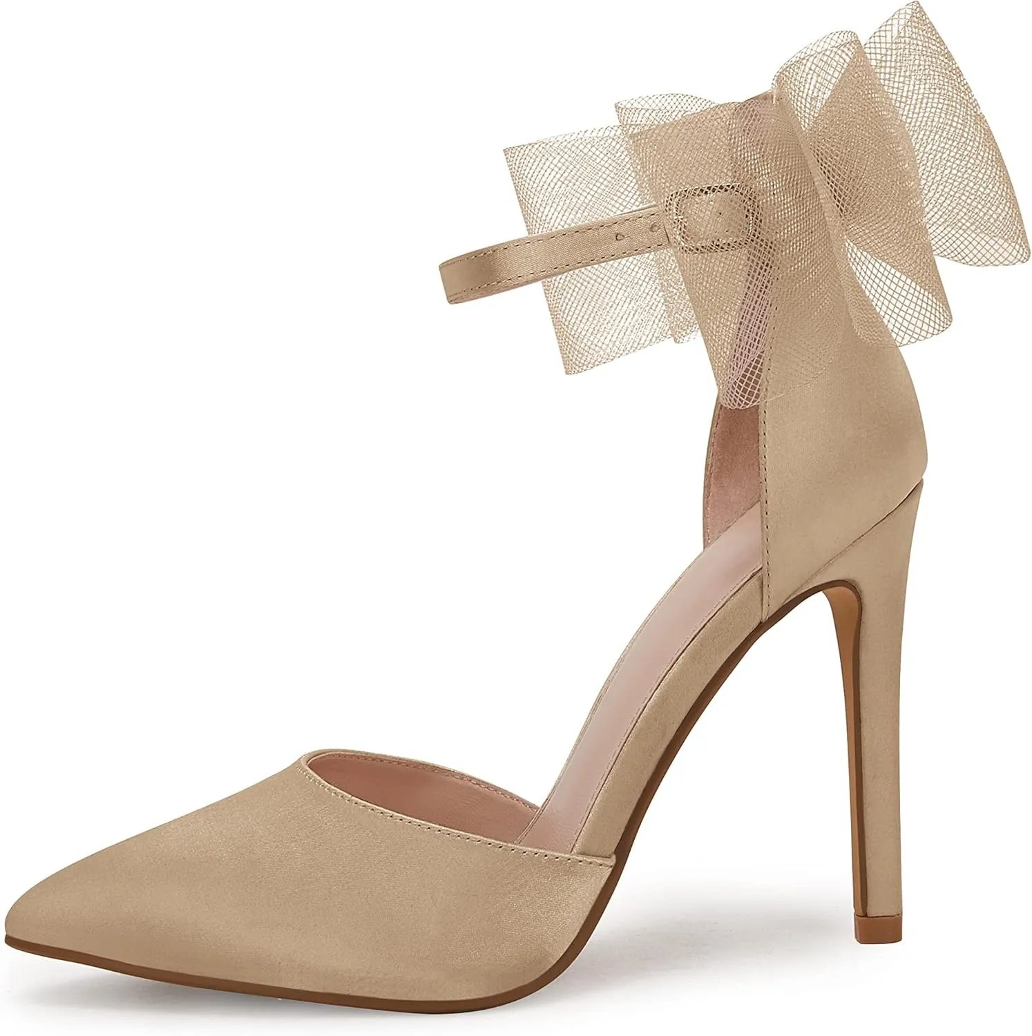 Bow Knot Ankle Strap Satin Stiletto Pumps supremacy mature Coutgo Women's Closed Pointed Toe High Heels with 