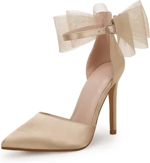 Bow Knot Ankle Strap Satin Stiletto Pumps supremacy mature Coutgo Women's Closed Pointed Toe High Heels with 