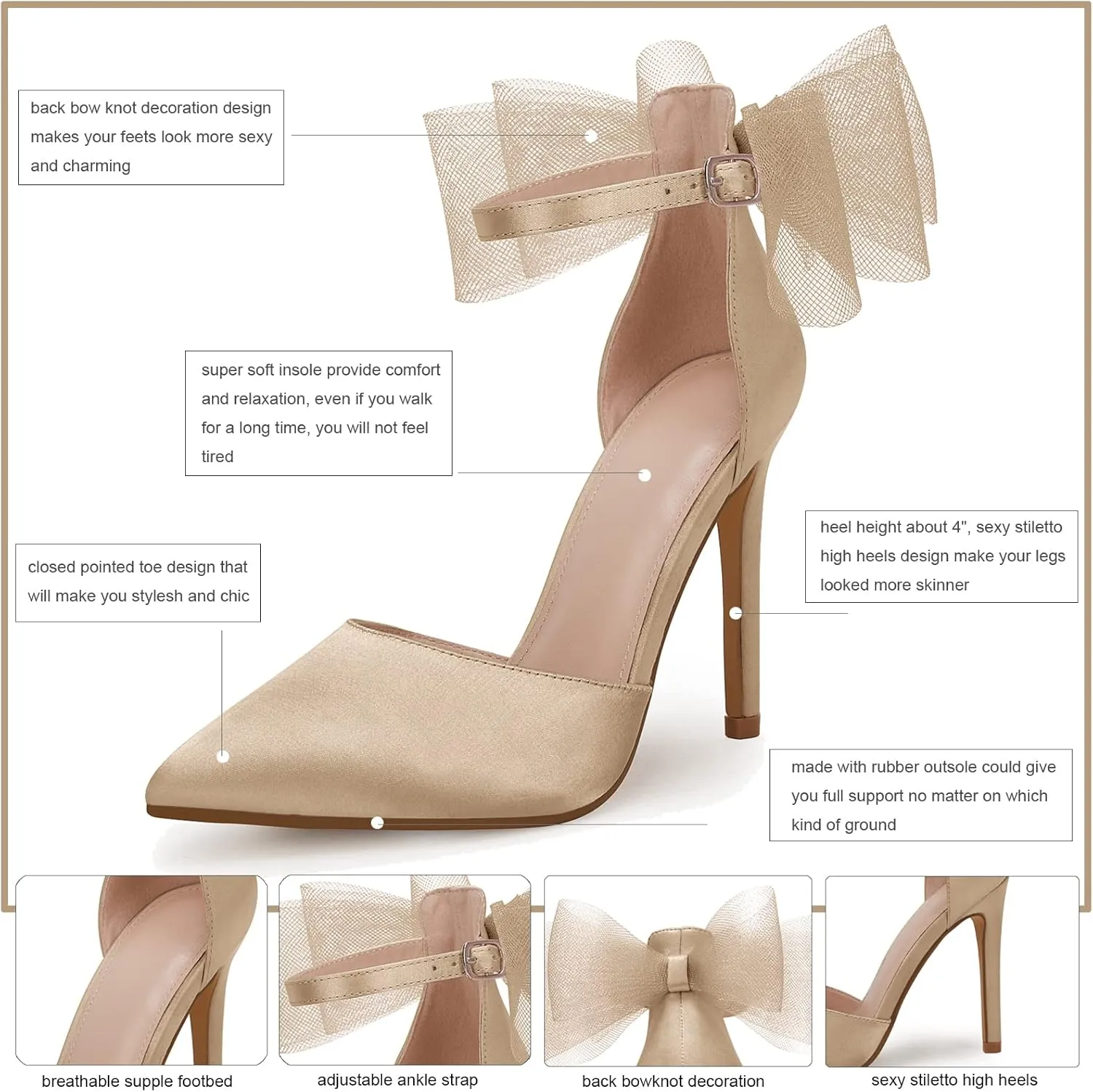Bow Knot Ankle Strap Satin Stiletto Pumps supremacy mature Coutgo Women's Closed Pointed Toe High Heels with 