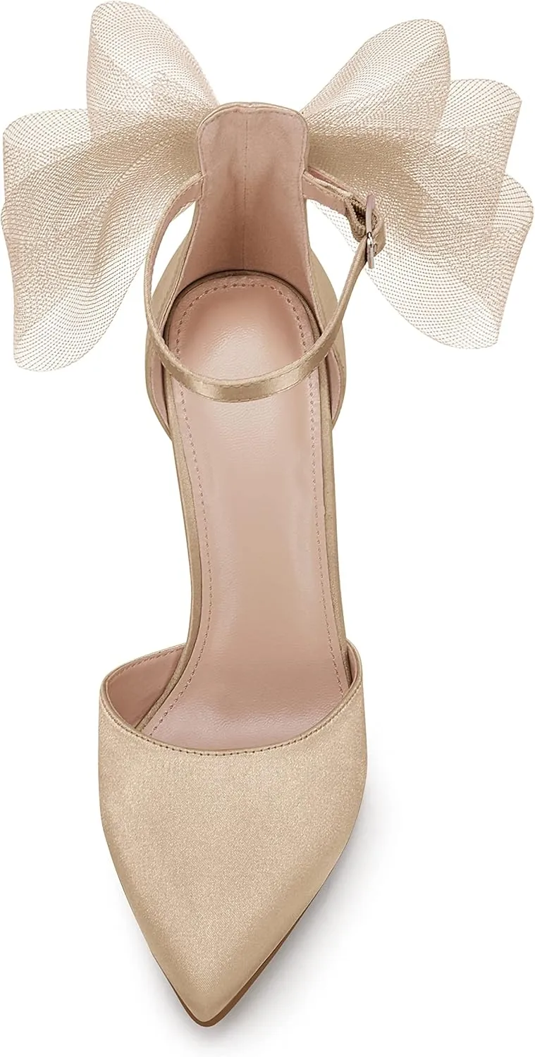Bow Knot Ankle Strap Satin Stiletto Pumps supremacy mature Coutgo Women's Closed Pointed Toe High Heels with 
