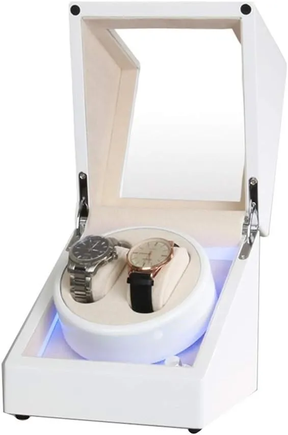 Box for Automatic Watch Built-in Led Light Piano Paint Exterior Dual bachelor soft Power Supply Quiet Motor,D White Double Watch Winder 