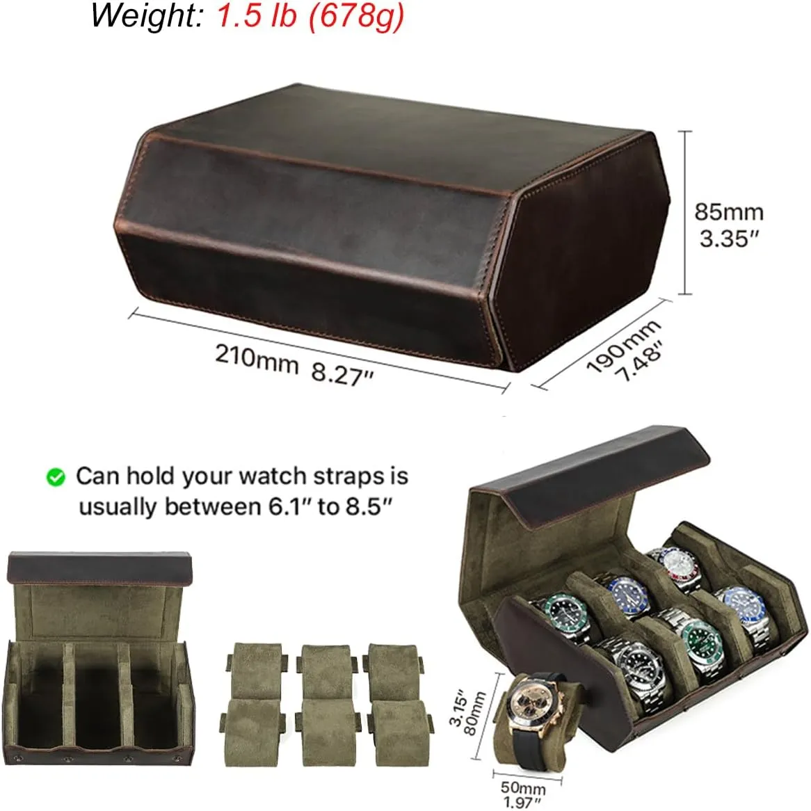 Box Large Watches Organizer Watch Holder for 6 Watches by Handmade Full Grain Leather 6 Slot republic ectotherm hollow Watch Case Travel Watch 