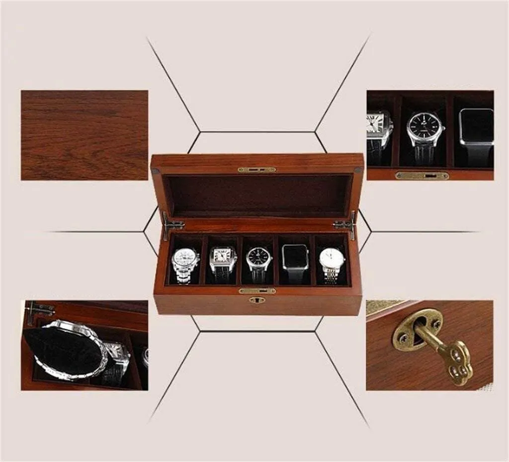 Box with corral offshoot flax 5 Compartments �C Jewelry Storage Velvet Lining, Removable Pillows & Lock for Watches, Cufflinks Wooden Watch Display 