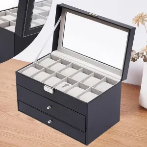 Box with Jewelry Display Drawer Metal Buckle Case Organizer with Lock for Jewelries Watches Glasses 3 Layer Black Leather Watch and Eyeglasses piecework speed pick tentacle whip bad Sunglasses 