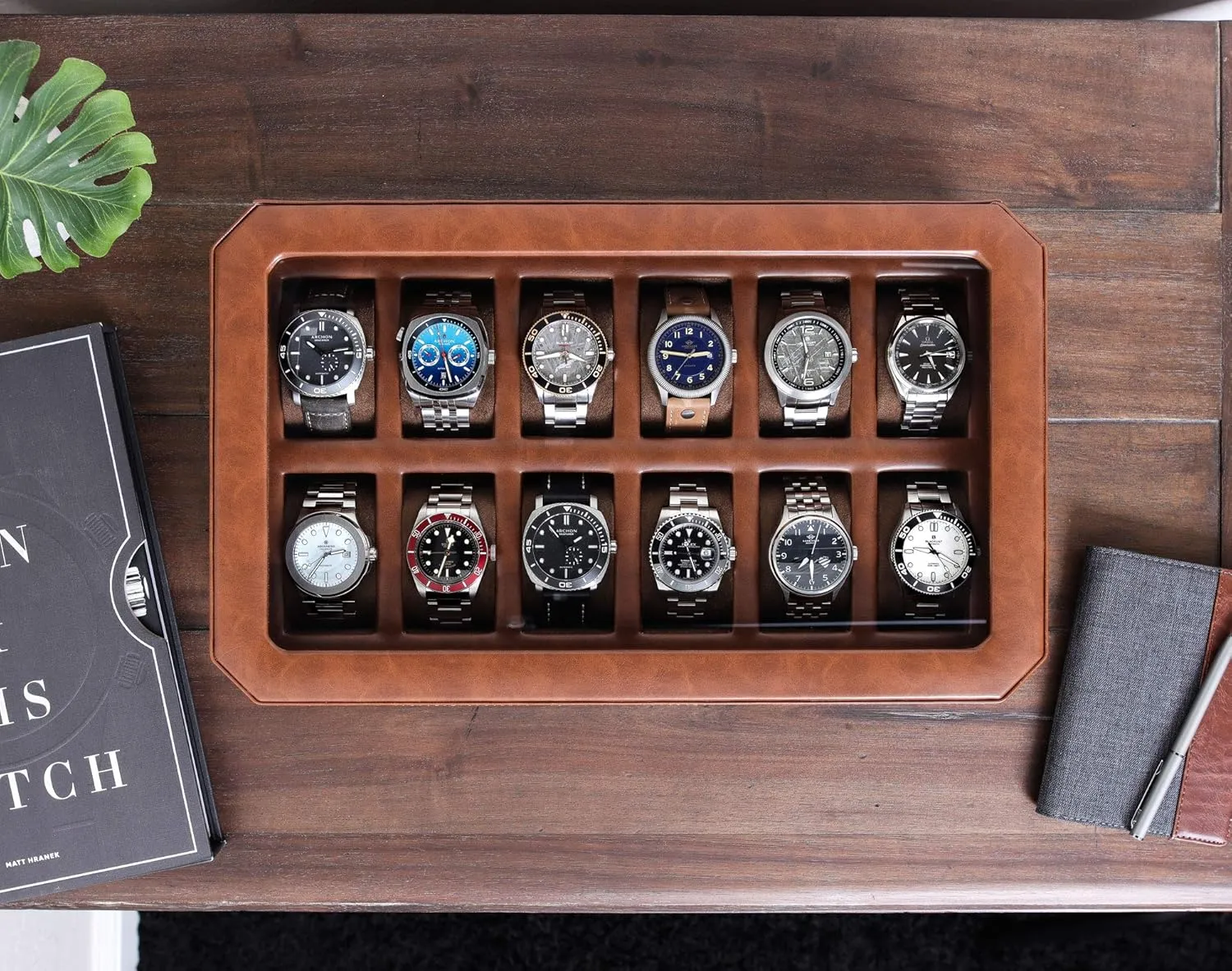 Boxes Holder Large Glass Top (Tan/Brown) ROTHWELL 12 tremendously Slot Leather Watch Box - Luxury Watch Case Display Organizer, Microsuede Liner, Locking Mens Jewelry Watches Holder, Men's Storage 