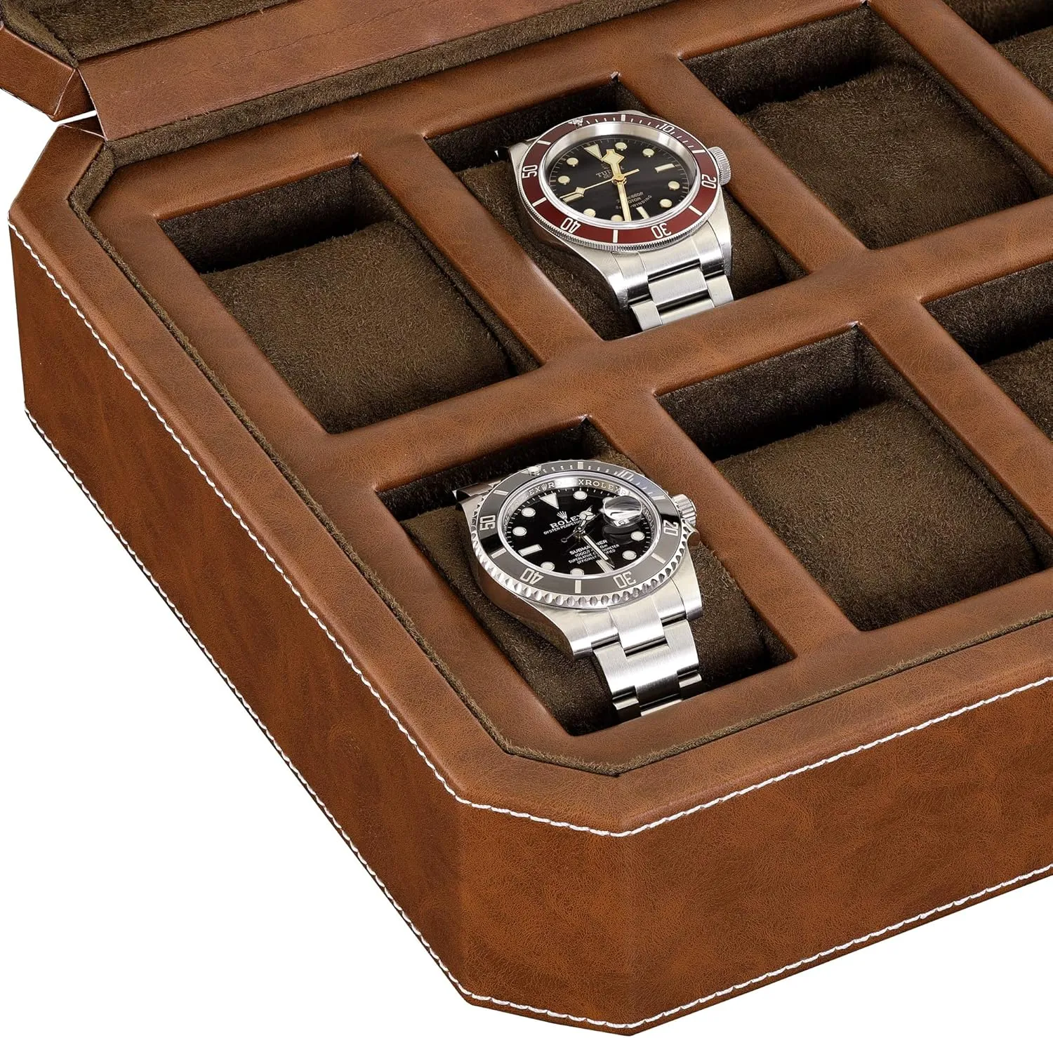 Boxes Holder Large Glass Top (Tan/Brown) ROTHWELL 12 tremendously Slot Leather Watch Box - Luxury Watch Case Display Organizer, Microsuede Liner, Locking Mens Jewelry Watches Holder, Men's Storage 