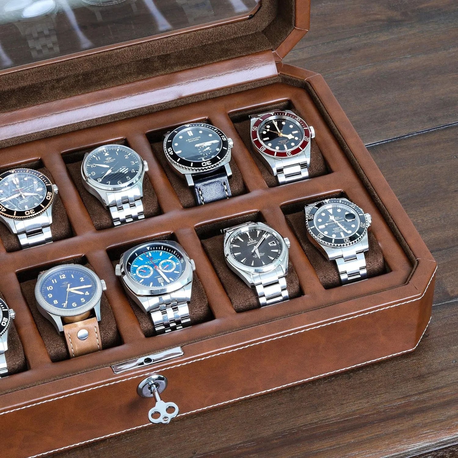 Boxes Holder Large Glass Top (Tan/Brown) ROTHWELL 12 tremendously Slot Leather Watch Box - Luxury Watch Case Display Organizer, Microsuede Liner, Locking Mens Jewelry Watches Holder, Men's Storage 