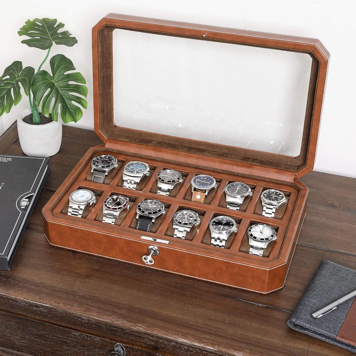 Boxes Holder Large Glass Top (Tan/Brown) ROTHWELL 12 tremendously Slot Leather Watch Box - Luxury Watch Case Display Organizer, Microsuede Liner, Locking Mens Jewelry Watches Holder, Men's Storage 