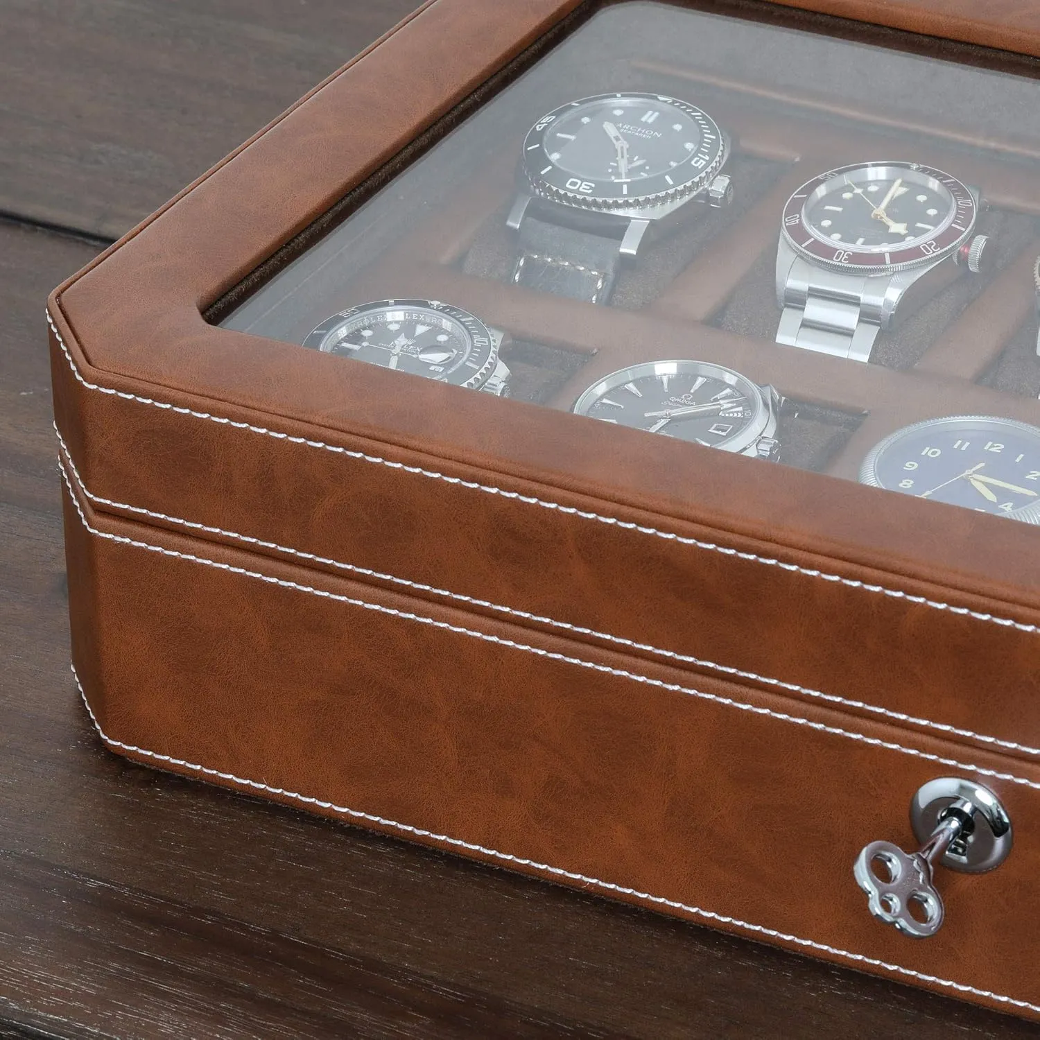 Boxes Holder Large Glass Top (Tan/Brown) ROTHWELL 12 tremendously Slot Leather Watch Box - Luxury Watch Case Display Organizer, Microsuede Liner, Locking Mens Jewelry Watches Holder, Men's Storage 