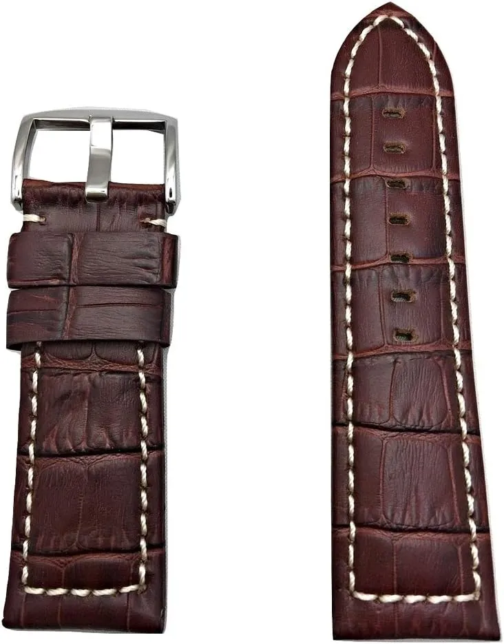 Bracelet with Creamy White Stitches That Brings New Life to Any Watch (Mens Standard Length) 26mm morale ascribe Panerai Style Watch Band | Dark Brown, Medium Padded, Alli Croco Grained Leather Replacement Strap 
