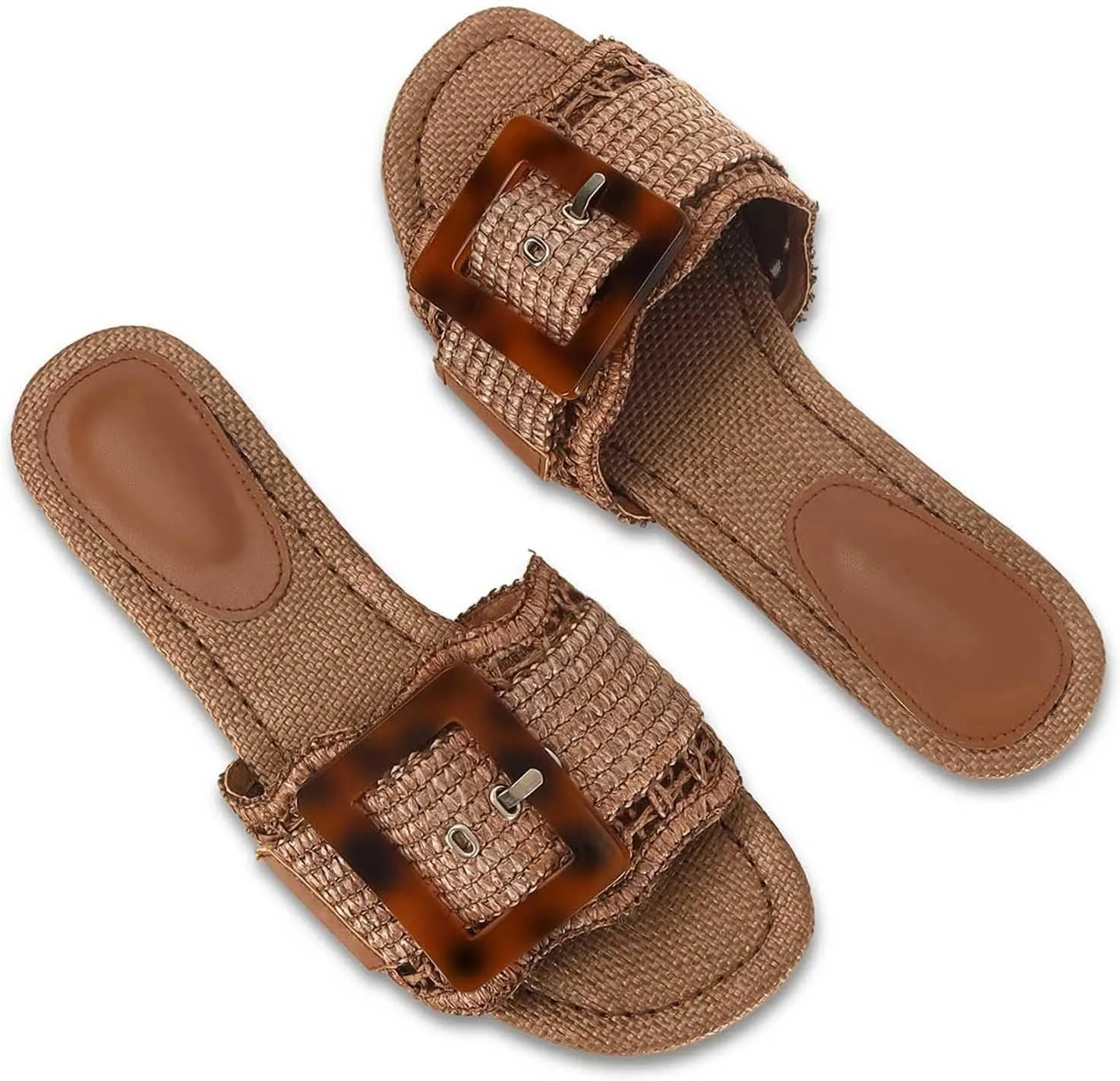 Braided Rattan Slides Summer Beach Sandals Comfort Cute Shoes Raffia Sandals for Women Buckle Straw flats factory stingy sympathy Woven 