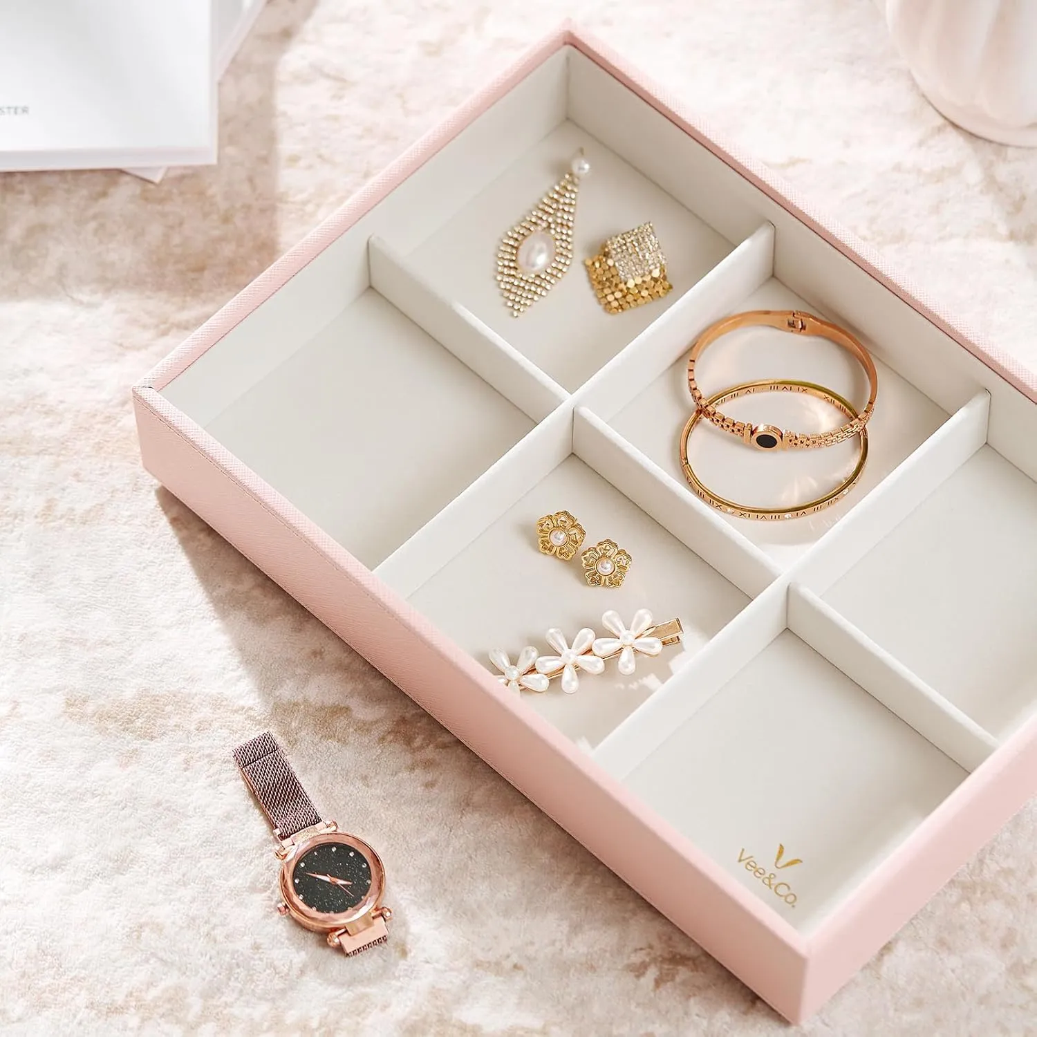 Brooch Watch, Gift for Women Girls, 6 Grid with Glass Lid Pink VEE&CO. jewelry tray drawer organizer, earring bluebird borrow mute pose organizer necklace organizer,for Bangle Pendants 