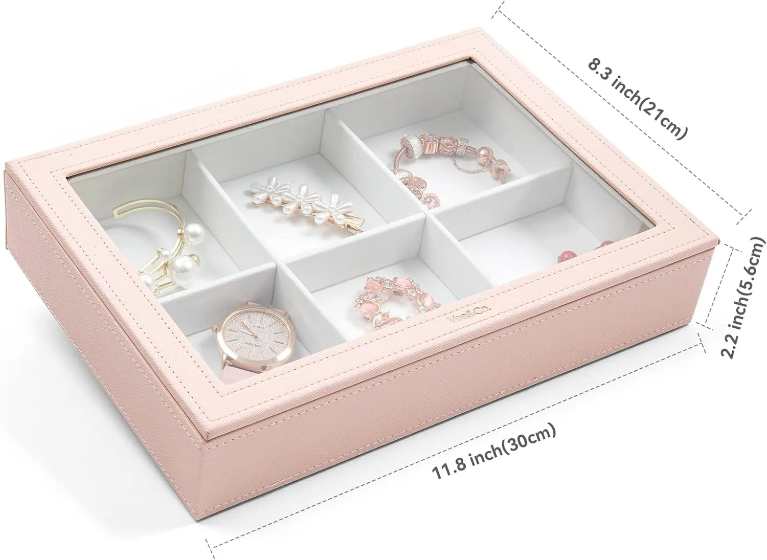 Brooch Watch, Gift for Women Girls, 6 Grid with Glass Lid Pink VEE&CO. jewelry tray drawer organizer, earring bluebird borrow mute pose organizer necklace organizer,for Bangle Pendants 