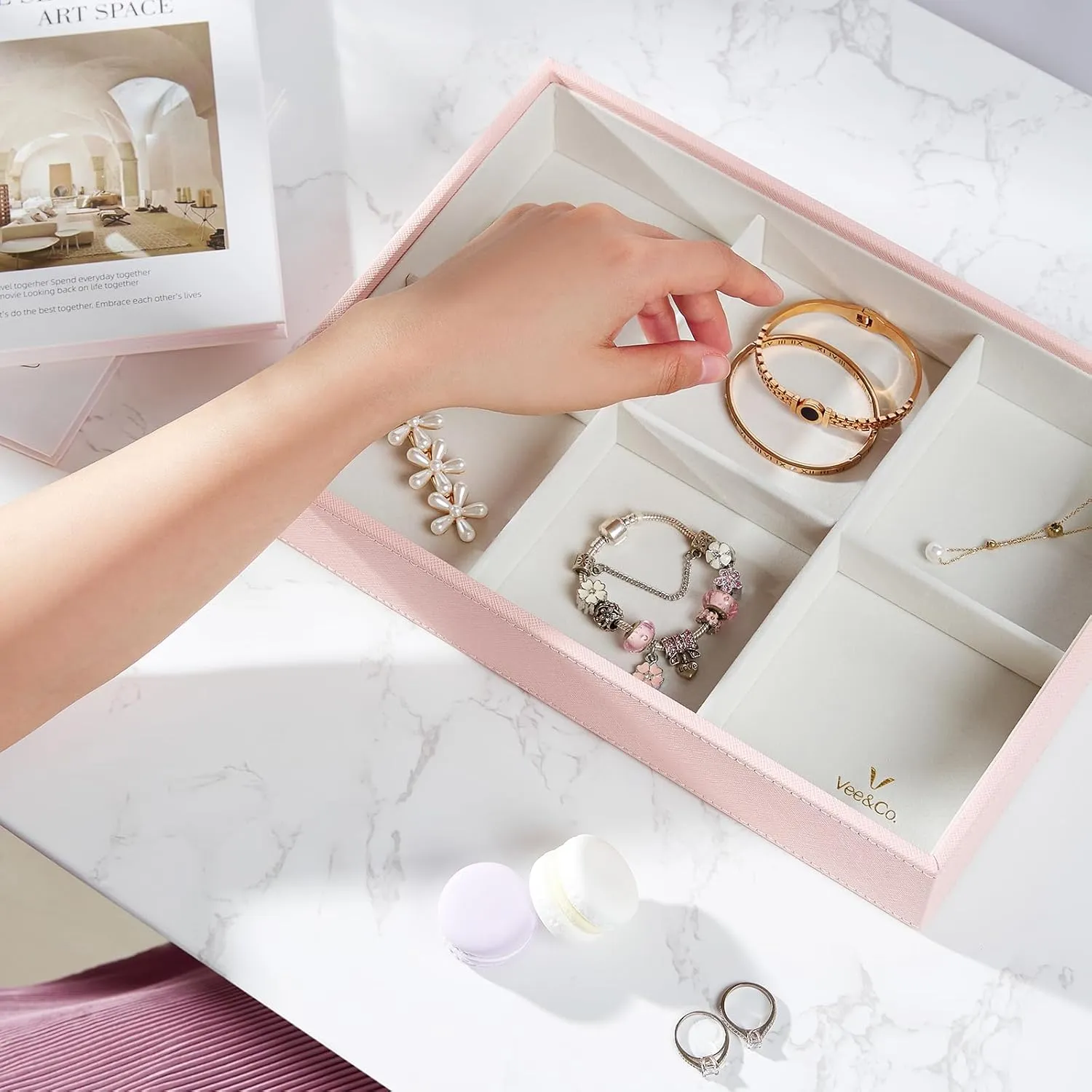 Brooch Watch, Gift for Women Girls, 6 Grid with Glass Lid Pink VEE&CO. jewelry tray drawer organizer, earring bluebird borrow mute pose organizer necklace organizer,for Bangle Pendants 