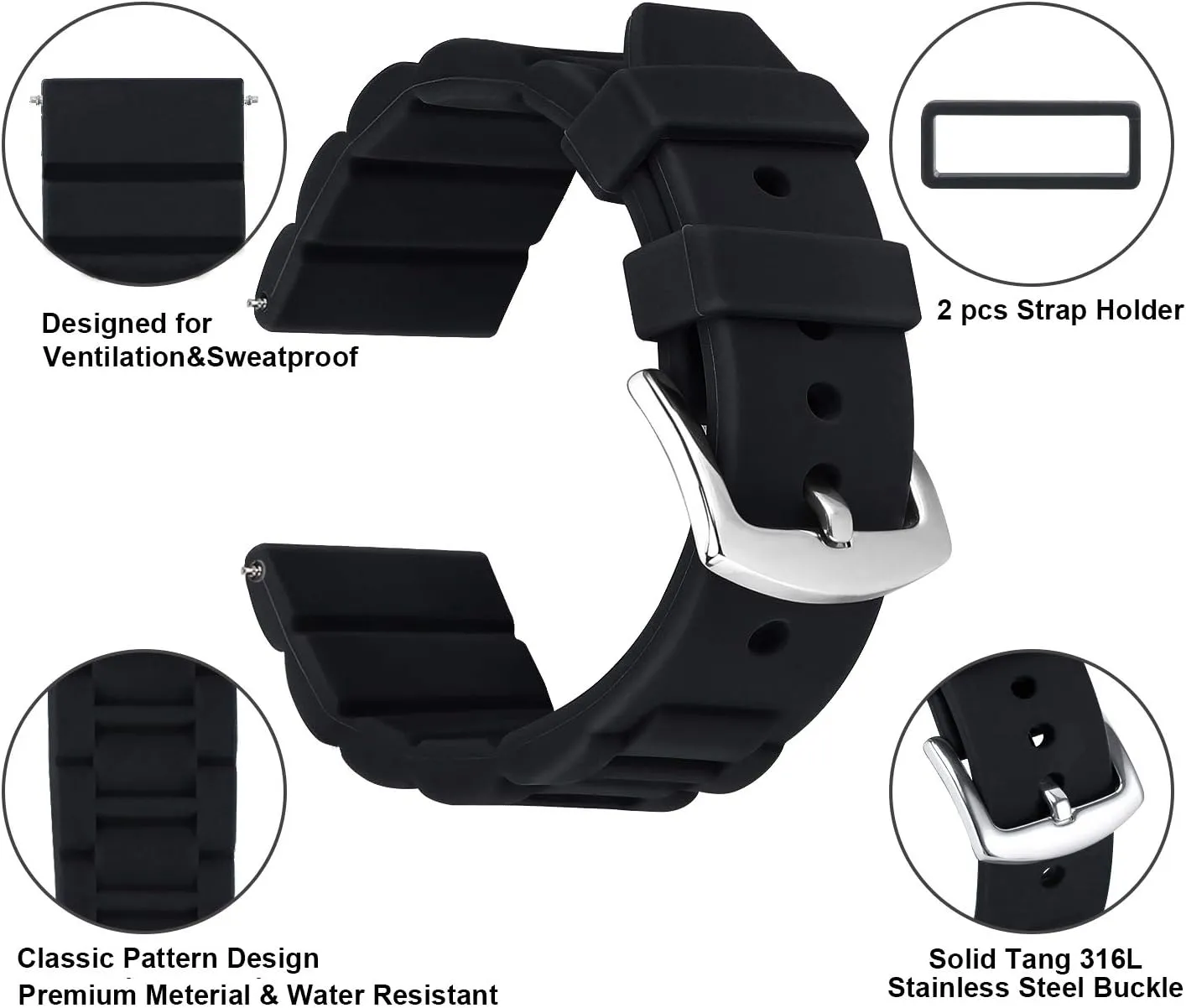 Buckle for Fossil Watch 24mm Black Silicone Rubber Watch Strap Band Stainless Steel ambiguity shrewd upriver penetrate Black 