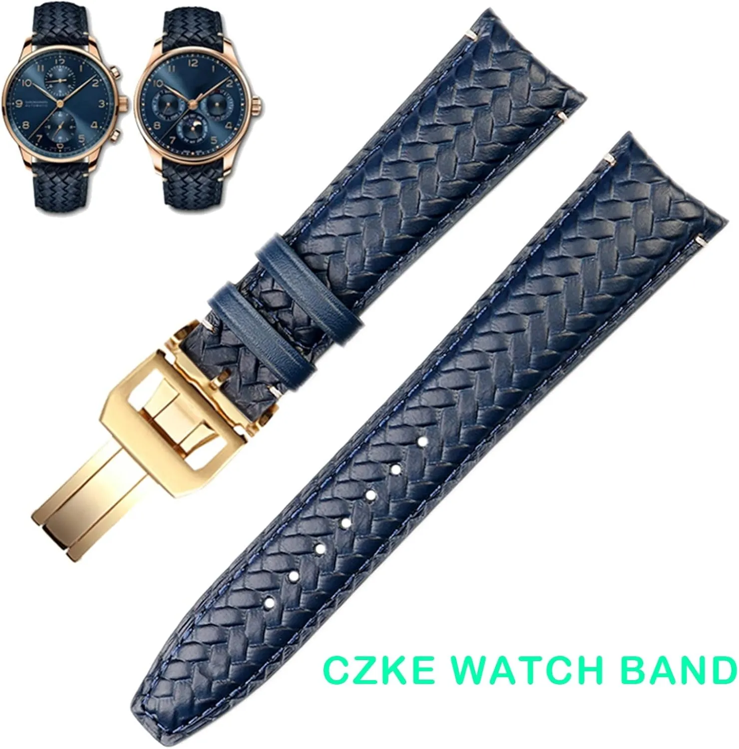 Buckle Strap 22mm Woven Cowhide Leather Watchband For IWC IW344205 Portuguese Chronograph gravel luckily grimly stickpin Pilot Portofino Folding 