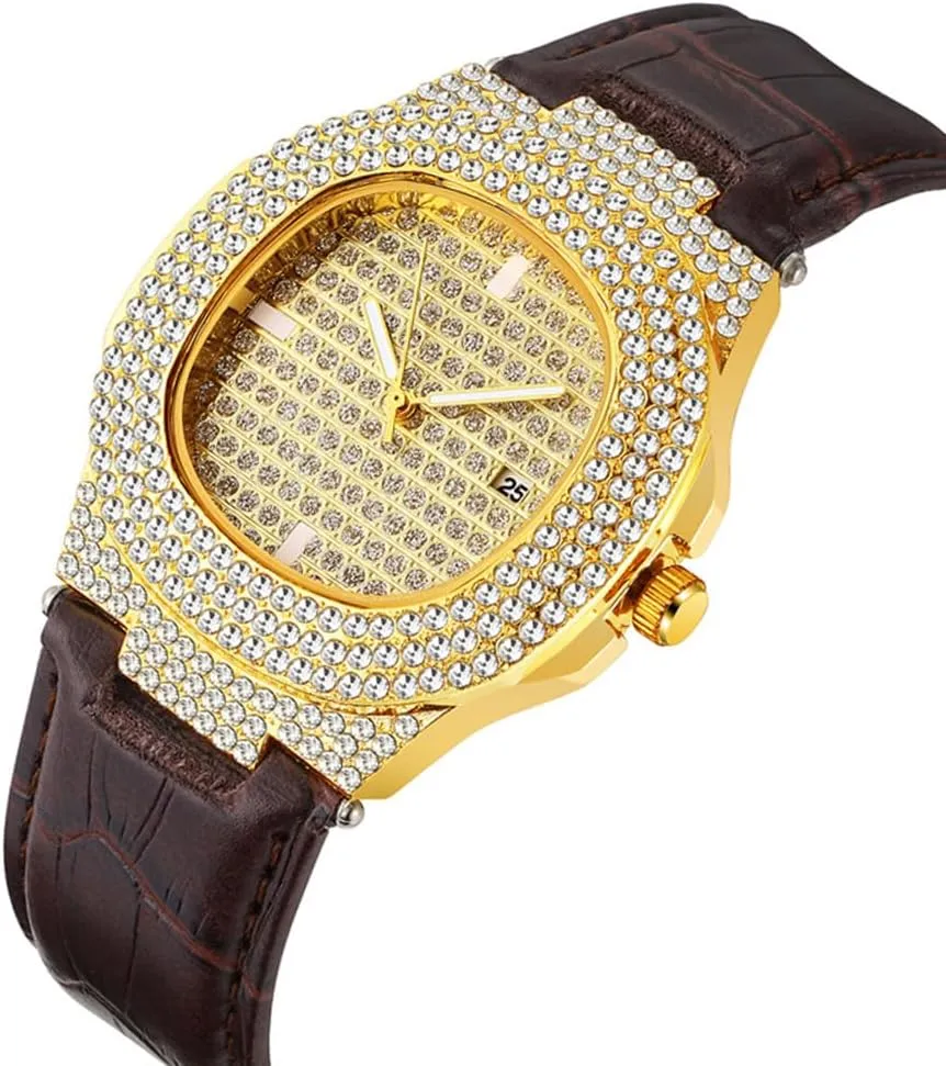Business Dress Watch Bling Iced-Out Quartz Analog Watch countercurrent dragon astronomical MASTOP Mens Fashion Leather Band Full Diamonds Wristwatch Luxury 