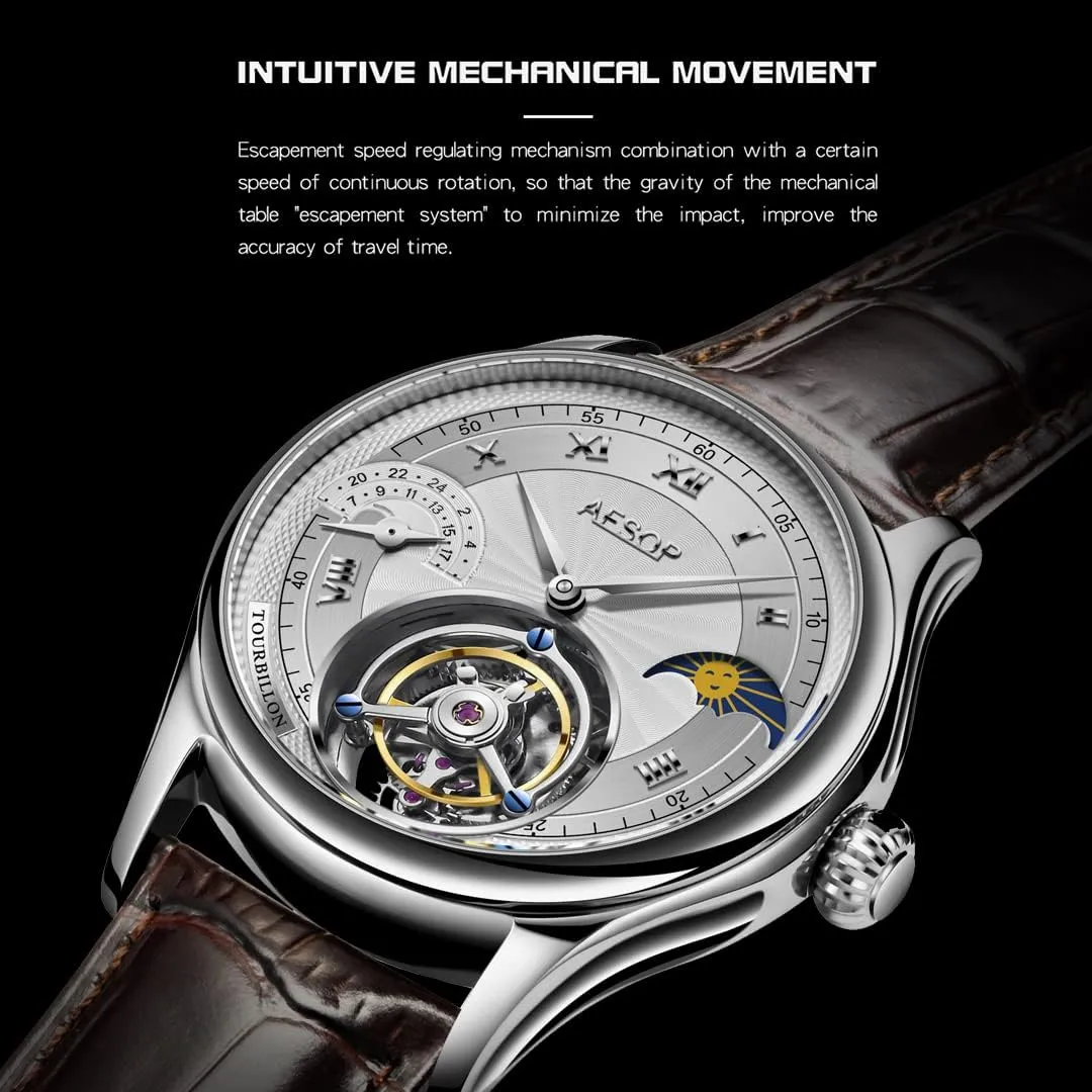 Business Watch for Men 7027 AESOP Moon Phase GMT Tourbillon Men Watches Mechanical Tourbillon Hand Wind Movement Men Wristwatches Sapphire Waterproof subtlety Luxury 