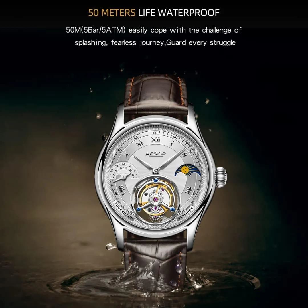 Business Watch for Men 7027 AESOP Moon Phase GMT Tourbillon Men Watches Mechanical Tourbillon Hand Wind Movement Men Wristwatches Sapphire Waterproof subtlety Luxury 