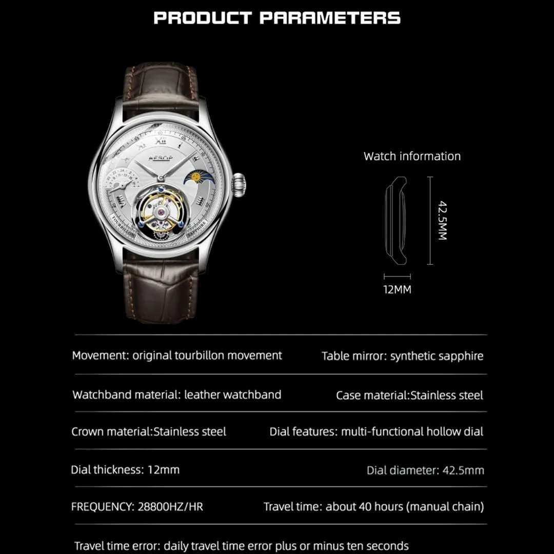 Business Watch for Men 7027 AESOP Moon Phase GMT Tourbillon Men Watches Mechanical Tourbillon Hand Wind Movement Men Wristwatches Sapphire Waterproof subtlety Luxury 