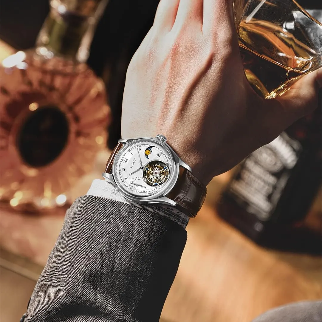 Business Watch for Men 7027 AESOP Moon Phase GMT Tourbillon Men Watches Mechanical Tourbillon Hand Wind Movement Men Wristwatches Sapphire Waterproof subtlety Luxury 