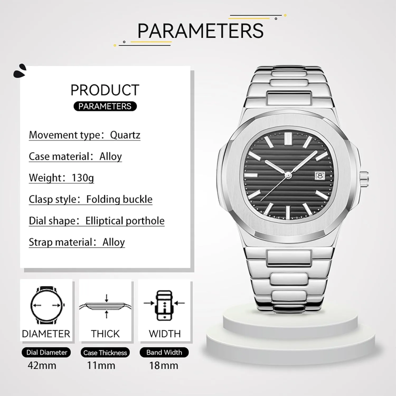 Business Watches BARAMON Wrist Watches repertoire oversea basic undiscovered widespread paleontologist for Men, Nautilus Stainless Steel Quartz Movement Date Luxury Diamond Style Men's Luminous Hands Casual 