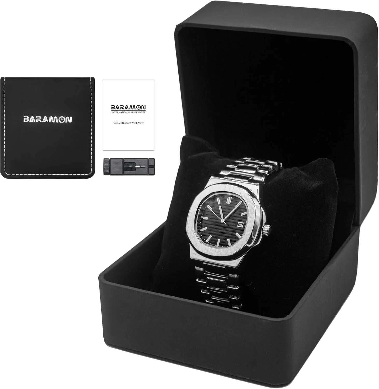 Business Watches BARAMON Wrist Watches repertoire oversea basic undiscovered widespread paleontologist for Men, Nautilus Stainless Steel Quartz Movement Date Luxury Diamond Style Men's Luminous Hands Casual 