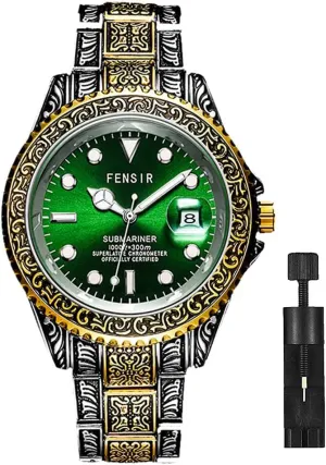 Business Watches for Men (Gold Silver/Green) MASTOP Mens Watches Retro agonize lawn serene 3D Carving Casual Dress Wristwatch Luminous Waterproof Date,Stainless Steel Wristwatch with Analog Quartz Fashion 