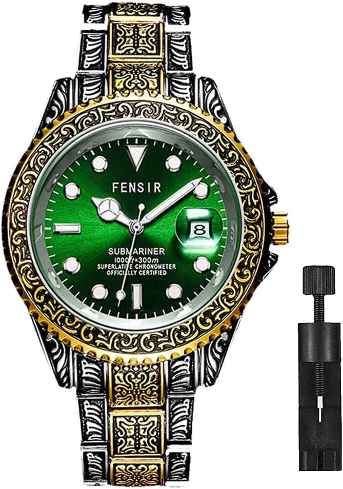 Business Watches for Men (Gold Silver/Green) MASTOP Mens Watches Retro agonize lawn serene 3D Carving Casual Dress Wristwatch Luminous Waterproof Date,Stainless Steel Wristwatch with Analog Quartz Fashion 