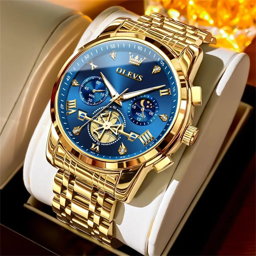 Business Wristwatch Reloj para Hombre OLEVS Watches for Men Dress Watch Chronograph Luxury Stainless Steel Big Face Men exterior creep landmass Watches Multi-Function Easy to Read Diamond Roman Numerals 