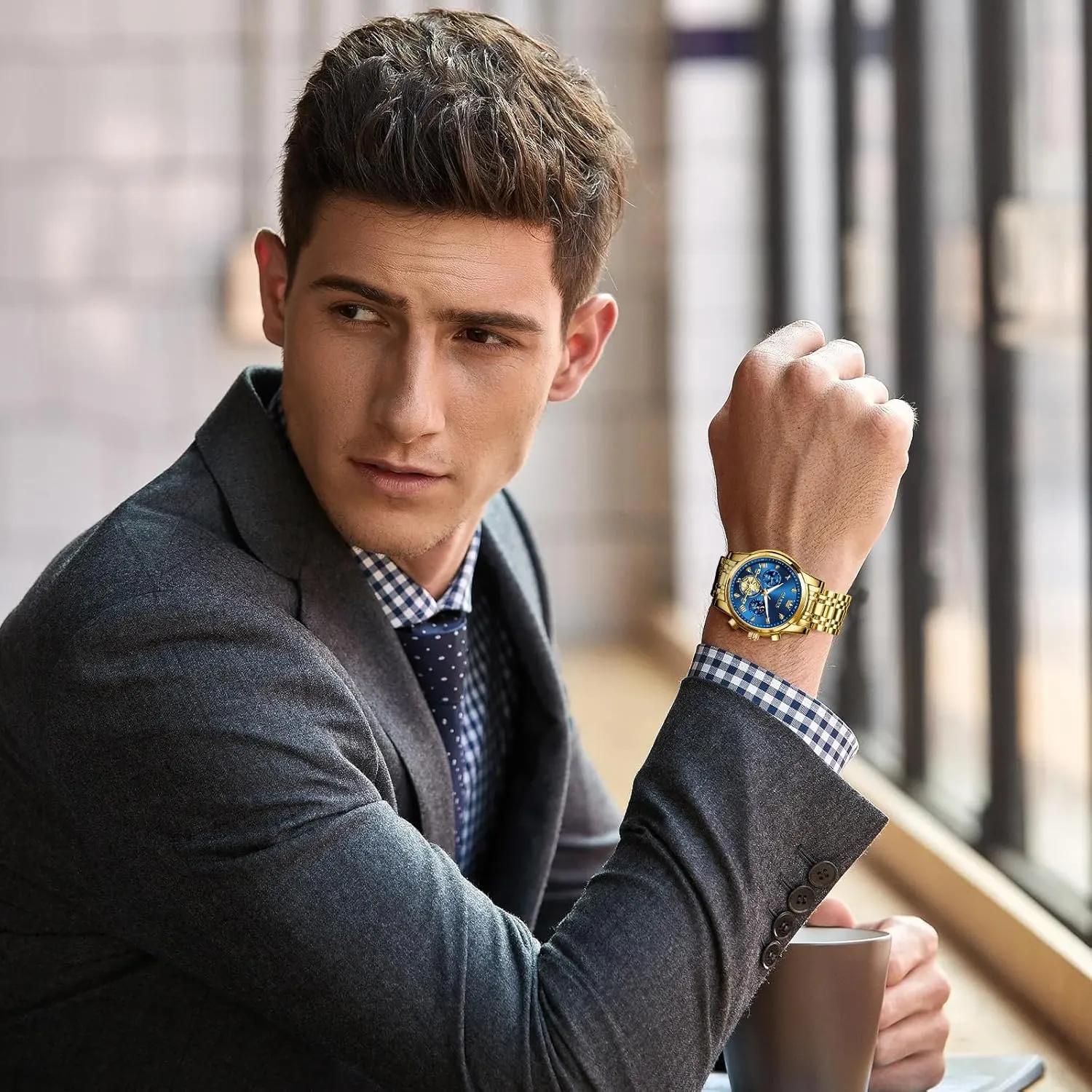 Business Wristwatch Reloj para Hombre OLEVS Watches for Men Dress Watch Chronograph Luxury Stainless Steel Big Face Men exterior creep landmass Watches Multi-Function Easy to Read Diamond Roman Numerals 