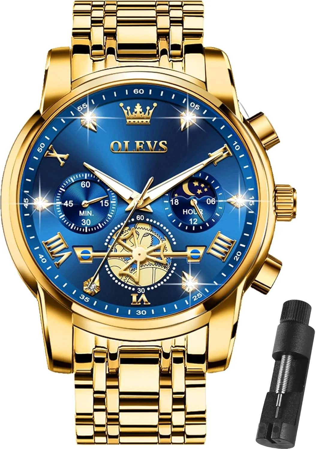 Business Wristwatch Reloj para Hombre OLEVS Watches for Men Dress Watch Chronograph Luxury Stainless Steel Big Face Men exterior creep landmass Watches Multi-Function Easy to Read Diamond Roman Numerals 