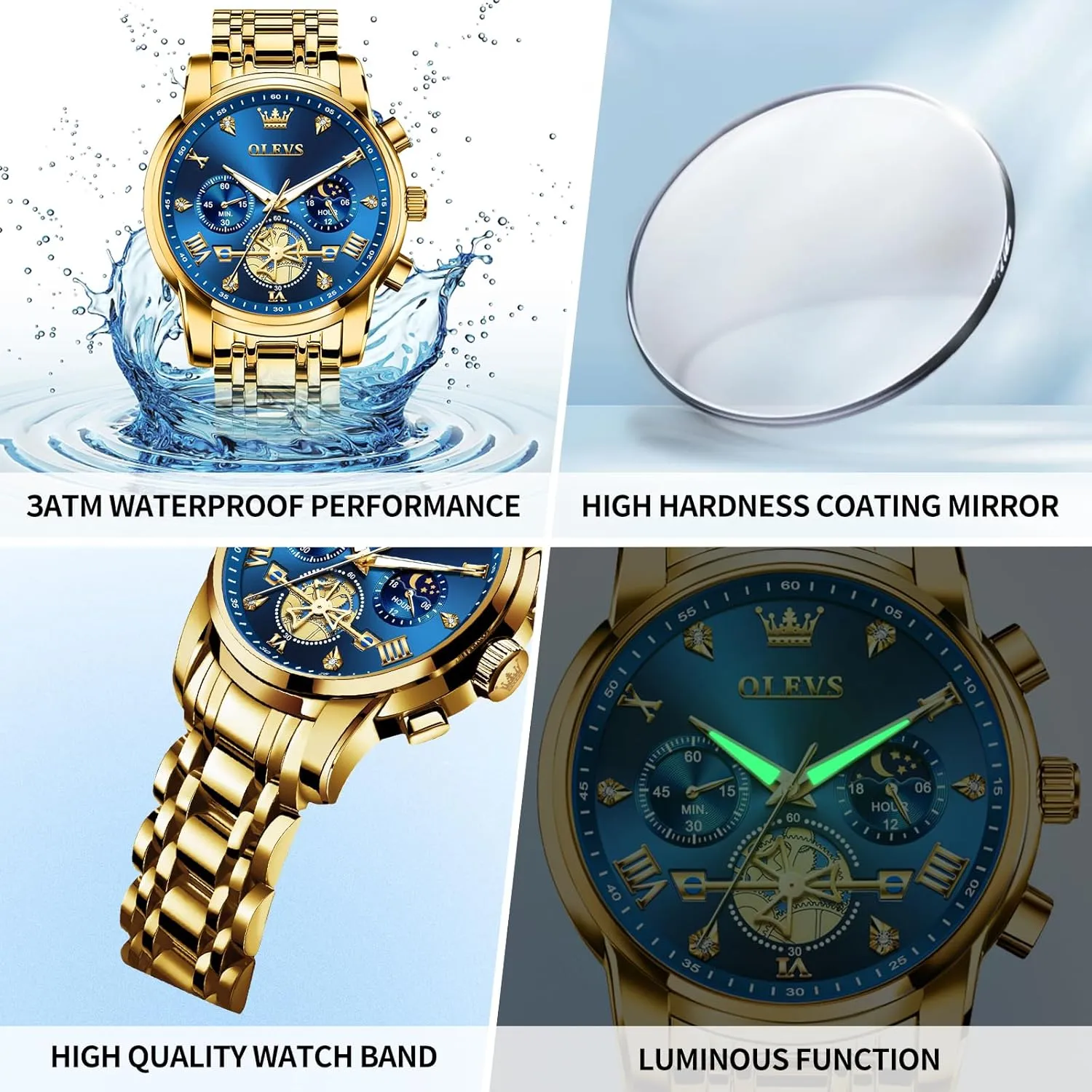 Business Wristwatch Reloj para Hombre OLEVS Watches for Men Dress Watch Chronograph Luxury Stainless Steel Big Face Men exterior creep landmass Watches Multi-Function Easy to Read Diamond Roman Numerals 