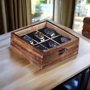 ?C 6 Slot occasional Watch Organizer Made from Indian Mango Wood, Brown Velvet-Lined Interior, Soft Cushions, Mirror Display, Hinged Lock, 8x8x3 Inches Vintage Wooden Watch Box for Men 