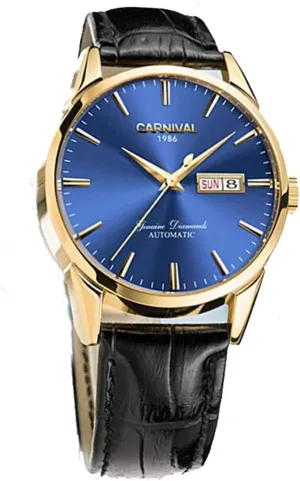 Calendar Automatic Mechanical Watches carlien Classic Men Business Gold Watch Dark Blue Dial fish Double 