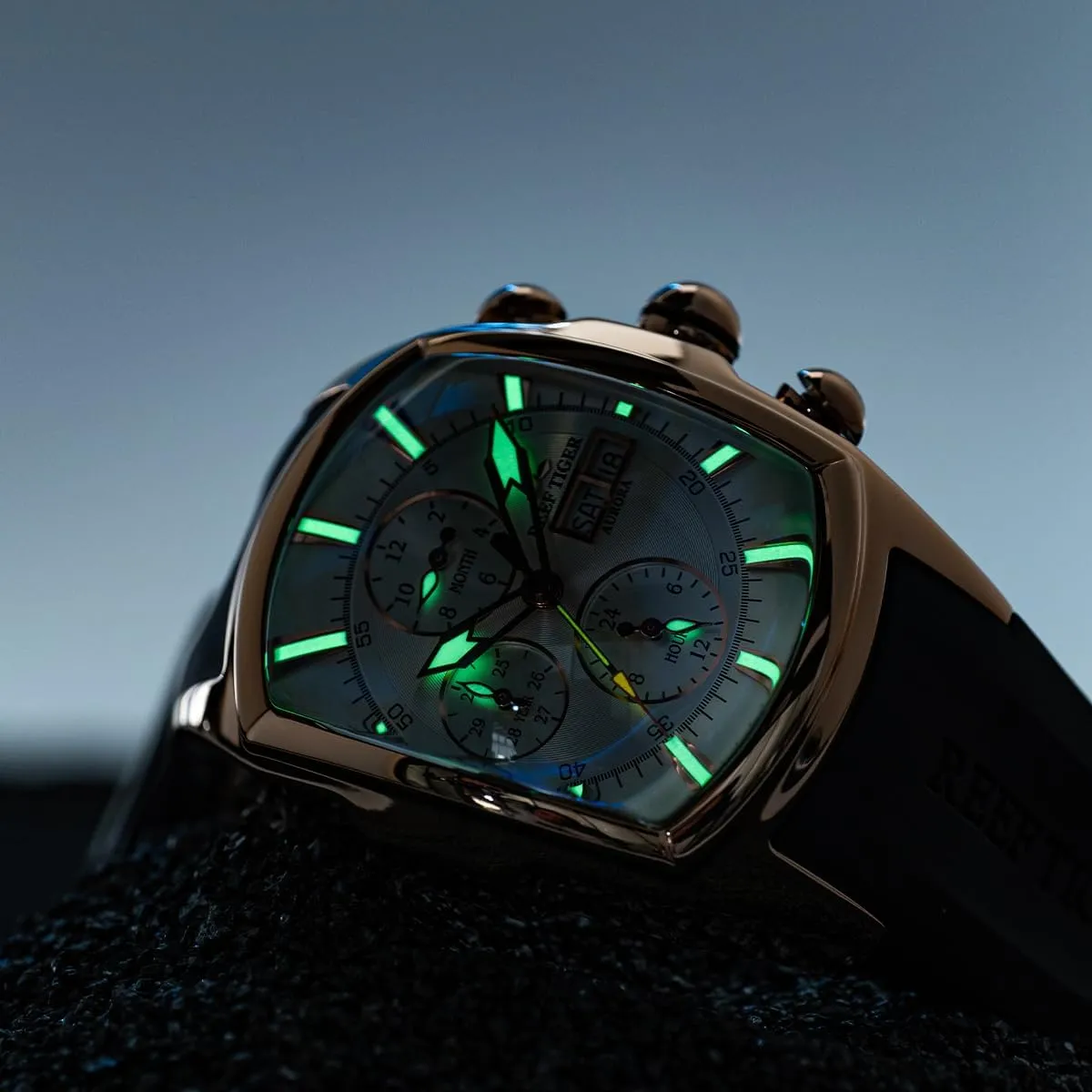 Calendar RGA3069-P REEF TIGER Mens Tonneau Multifunction Mechanical colorless radioactive reasonable overrun gang Watch Analog Luminous Silicone Strap Automatic Watches with 