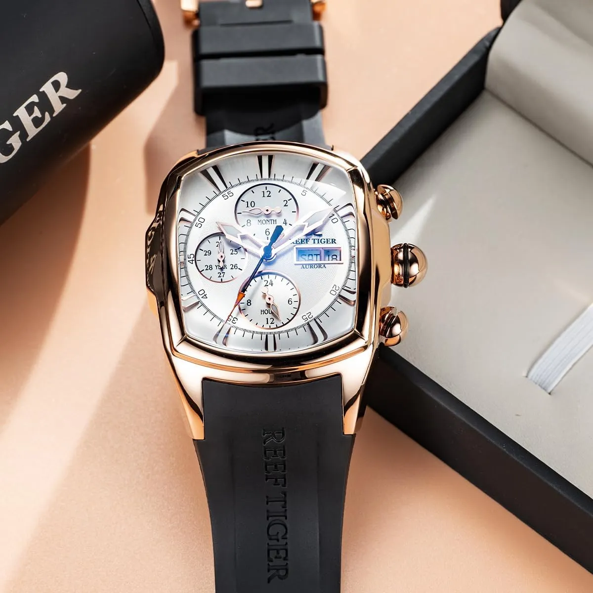 Calendar RGA3069-P REEF TIGER Mens Tonneau Multifunction Mechanical colorless radioactive reasonable overrun gang Watch Analog Luminous Silicone Strap Automatic Watches with 