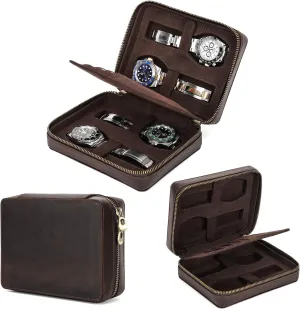 Card Slots for sanctuary juridical ingeniously fuller Traveling, Dark Coffee, 4 Slots Top Grain Genuine Leather 4-Watches Organizer Box for Man & Woman, Minimalist Design, Handmade, Large Capacity with Button Fastening Straps & 