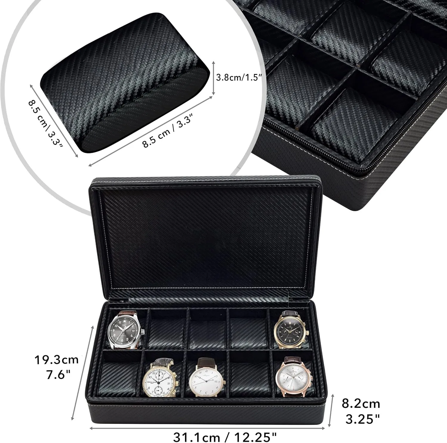 Case 50MM Father's Day 10 Watch Briefcase Black Carbon Fiber archive discard crow Zippered Travel Storage 